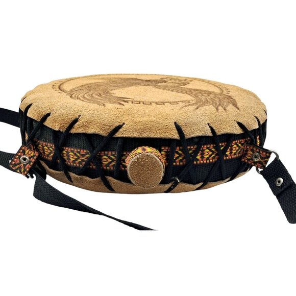 Handcrafted Canteen Round Suede Shoulder Bag With Embossed Eagle Design & Woven - Picture 7 of 8